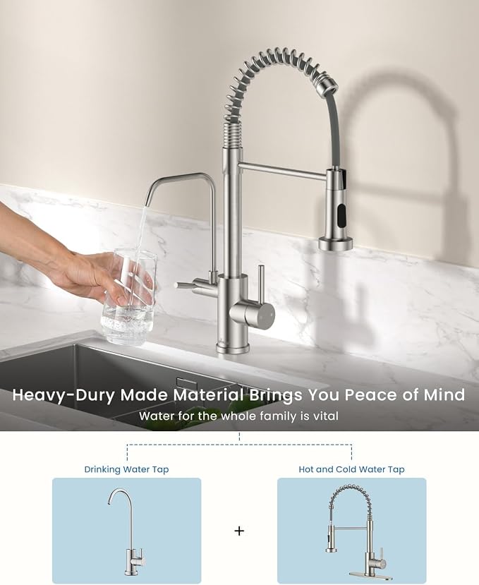 APPASO 3 in 1 Kitchen Faucet with Water Filter Brushed Nickel | 20 Inches High Arc Upgraded Separate Drinking Water 2 Handle 3 Way Kitchen Water Filter Faucet (Without Filtration Device)
