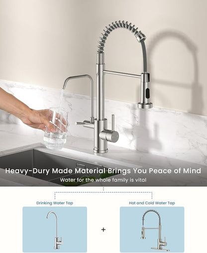 APPASO 3 in 1 Kitchen Faucet with Water Filter Brushed Nickel | 20 Inches High Arc Upgraded Separate Drinking Water 2 Handle 3 Way Kitchen Water Filter Faucet (Without Filtration Device)