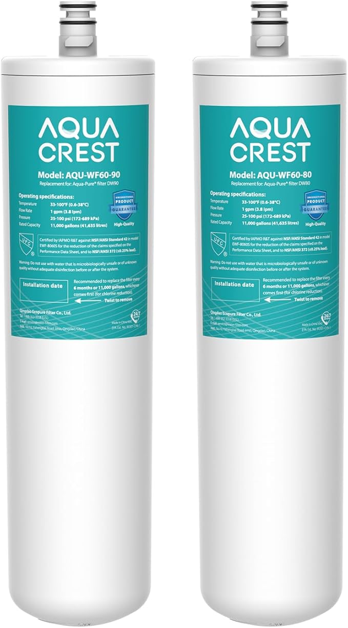 AQUA CREST DW80/90 Under Sink Water Filter, Replacement for Aqua-Pure® AP-DW80/90, AP-DWS1000, Kohler K-201-NA, Kohler K-202-NA, NSF/ANSI 42 Certified, 2 Pack, Model No.WF60-80/90