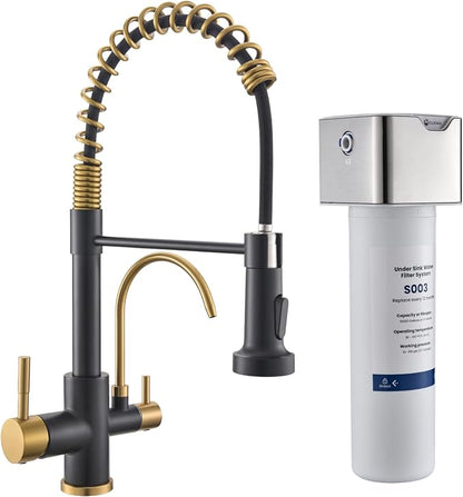 GIMILI 3 in 1 Kitchen Faucet with Pull Down Sprayer Black and Gold Two Handle Kitchen Sink Faucet with Under Sink Water Filter System Reduces PFAS, PFOA/PFOS, Lead, Chlorine, Bad Taste & Odor