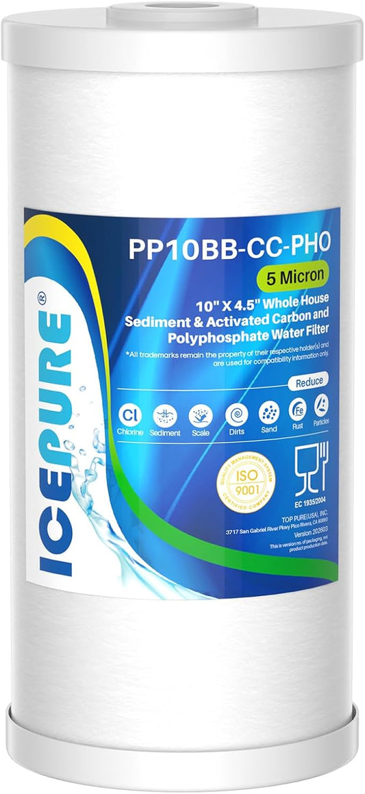 ICEPURE 5 Micron 10" x 4.5" Whole House Sediment Activated Carbon and Anti Scale Water Filter Compatible with GE FXHTC, GXWH40L, Whirlpool WHKF-GD25BB GXWH35F Dupont WFHD13001 RFC-BBSA W50PEHD, 1PACK