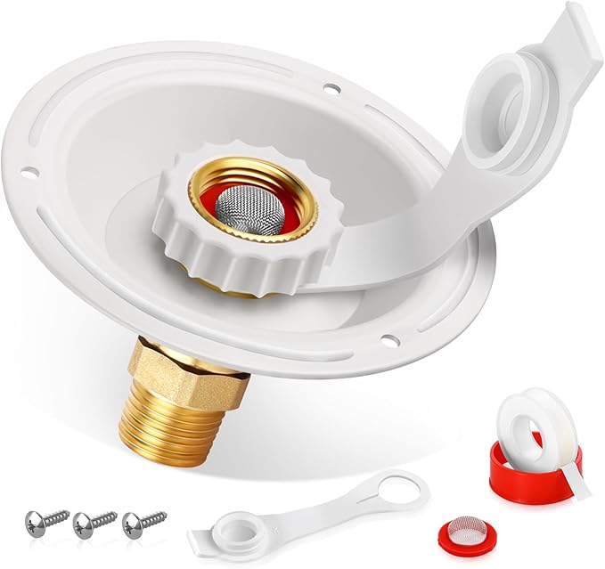 RV City Water Fill Inlet Flange Check Valve Water Hookup Connector 3/4 NH Female to 1/2 NPT Male Mount Lead-Free Brass Flush RV Water Backflow Preventer with Dust Plug for RV Camper Motorhome