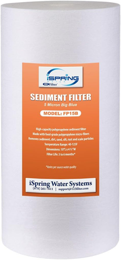 iSpring WGB21B 2-Stage Whole House Water Filtration System & FP15B Whole House Water High Capacity Premium PP Sediment Filter Replacement Cartridge, 4.5" x 10", White