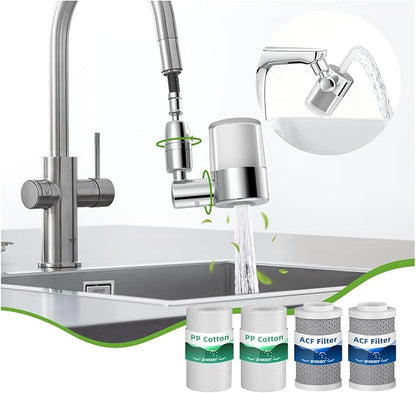 720° Rotating Faucet Water Filter - w/4 Filters, 22 Adapters, 2 Modes Faucet Extender Aerator, Remove Chlorine & Sediment for Most Bathroom/Pull Out Kitchen/RV Faucets, Water Saving Tap Filter