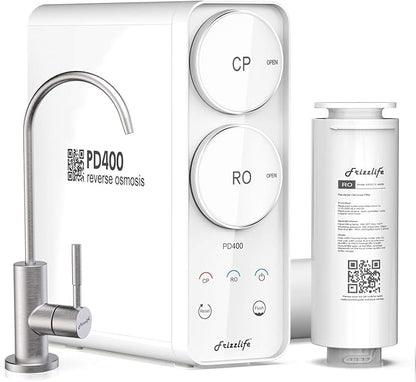 Frizzlife Reverse Osmosis System - Tankless 400 GPD Drinking Water Filtration System, Quick Twist Under Sink RO Filter - 1.5 : 1 Pure to Drain - Reduce TDS, Compact Footprint, USA Tech Support, PD400