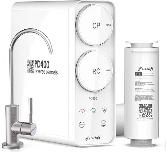 Frizzlife Reverse Osmosis System - Tankless 400 GPD Drinking Water Filtration System, Quick Twist Under Sink RO Filter - 1.5 : 1 Pure to Drain - Reduce TDS, Compact Footprint, USA Tech Support, PD400