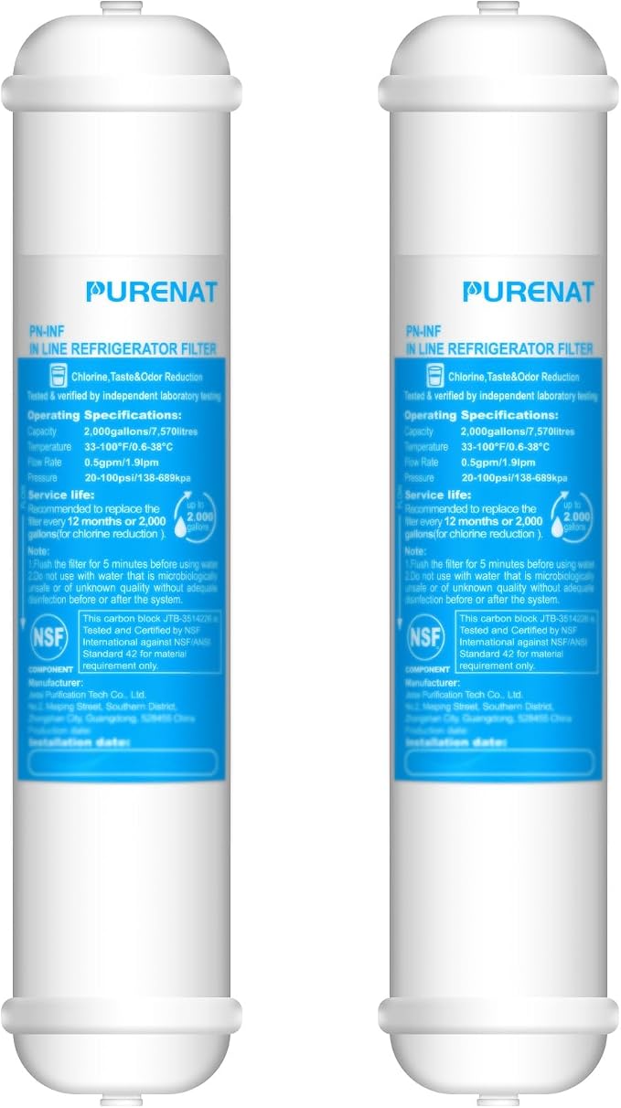 Inline Water Filter - 1/4"Push Connect for Refrigerator & Ice Maker(2 Pack) | NSF 42 Certified Filter,Reduces Chlorine,Bad Taste & Odor,for Refrigerator,Ice Maker,Post Carbon Filter on RO System