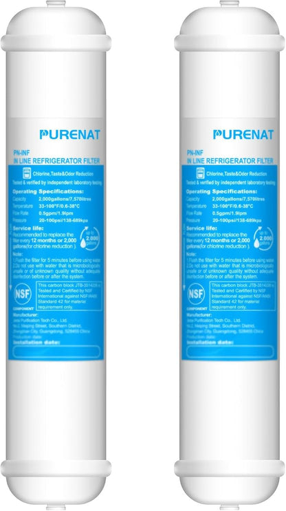Inline Water Filter - 1/4"Push Connect for Refrigerator & Ice Maker(2 Pack) | NSF 42 Certified Filter,Reduces Chlorine,Bad Taste & Odor,for Refrigerator,Ice Maker,Post Carbon Filter on RO System
