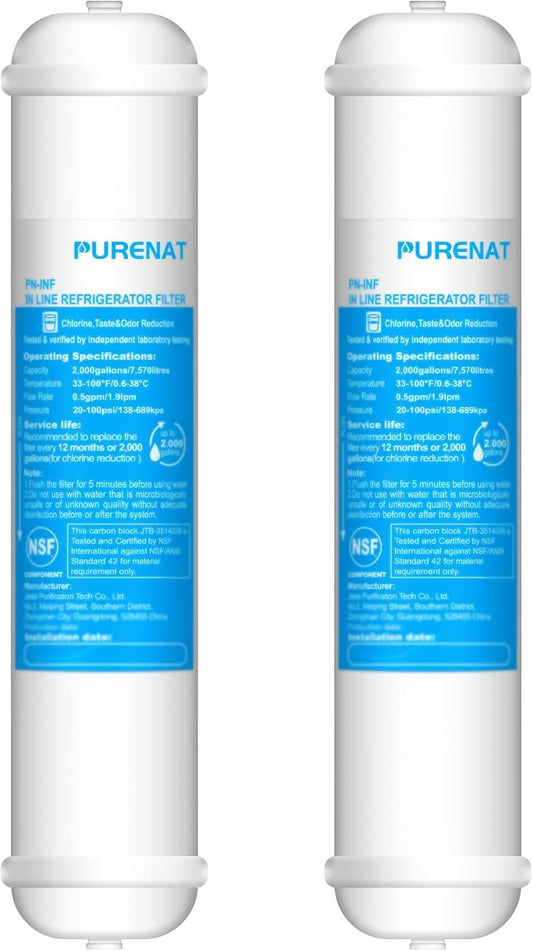 Inline Water Filter - 1/4"Push Connect for Refrigerator & Ice Maker(2 Pack) | NSF 42 Certified Filter,Reduces Chlorine,Bad Taste & Odor,for Refrigerator,Ice Maker,Post Carbon Filter on RO System