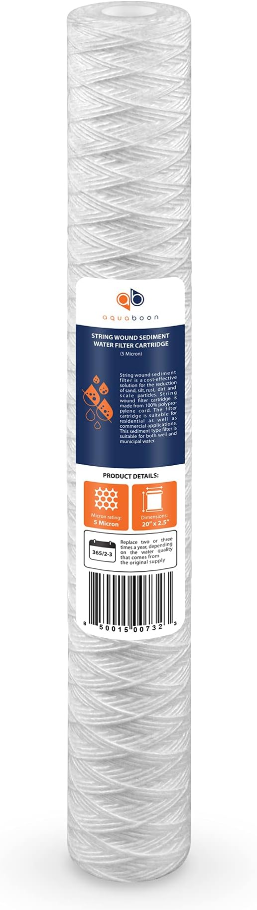 Aquaboon 5 Micron 20 x 2.5 Whole House String Wound Water Filter Replacement Cartridge for Well Water Filtration Compatible with WP5BB20P, 6-Pack