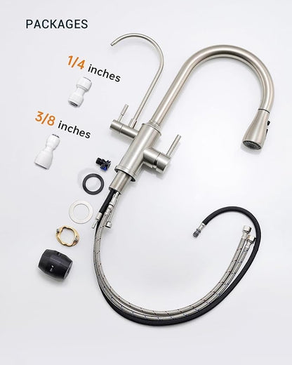 APPASO Kitchen Faucet with Water Filter, CUPC Certified Water Hose, Pull Out 3 Way Sink Faucets with Sprayer, High Arch 2 Handle Faucet - 2 in 1 Faucets Brushed Nickel, Without Filtration Device