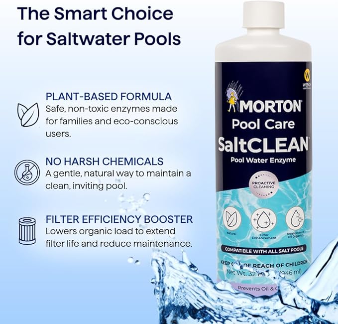 Morton SaltCLEAN | All-Natural Enzyme Pool Clarifier for Clearer Water | Breaks Down Oils, Lotions & Scum | Weekly Maintenance for All Pool Types | 32oz