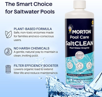 Morton SaltCLEAN | All-Natural Enzyme Pool Clarifier for Clearer Water | Breaks Down Oils, Lotions & Scum | Weekly Maintenance for All Pool Types | 32oz
