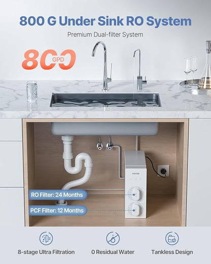 VEVOR Reverse Osmosis System, 800 GPD 8-stage Tankless Reverse Osmosis Water Filter, Under Sink Water Filtration System with Smart Display Faucet, 2:1 Pure to Drain Ratio