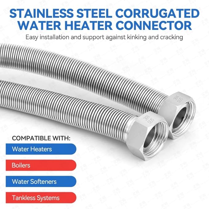 15 Inch Flexible Stainless Steel Corrugated Water Heater Connector Hose 1" FIP x 1" FIP,304 Stainless Steel Leak-Proof Flexible Line for Tankless Water Heater,Water Softener,RV,Boiler(2PCS)