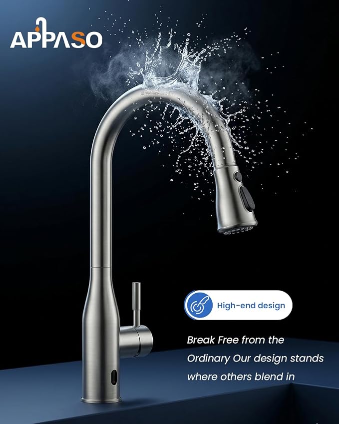 APPASO Touchless Kitchen Faucet with Soap Dispenser and Pull Down Sprayer | Brushed Nickel S304 Stainless Steel cUPC Lead-Free Hoses Hands-Free Motion Sensor Faucets 3 Modes for Farmhouse RV Sink