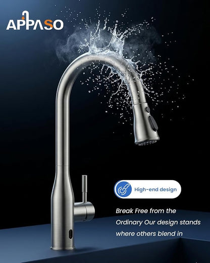 APPASO Touchless Kitchen Faucet with Soap Dispenser and Pull Down Sprayer | Brushed Nickel S304 Stainless Steel cUPC Lead-Free Hoses Hands-Free Motion Sensor Faucets 3 Modes for Farmhouse RV Sink