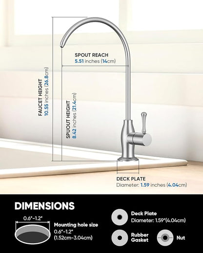 WEWE Vintage Drinking Water Faucet, Lead-Free Stainless Steel Kitchen Water Filter Faucet for Reverse Osmosis System, Non-Air Gap RO Beverage Faucet, Brushed Nickel