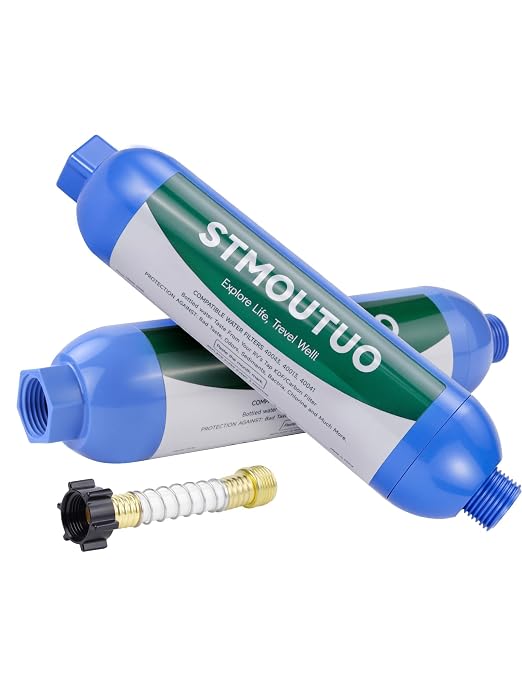 STMOUTUO RV Water Filter with Hose Protector, 2 Pack for Camper. | NSF/ANSI 42 filter with GAC & KDF reduces chlorine, heavy metals, fluoride, silt, rust and odors. for RV, Camper, Garden.