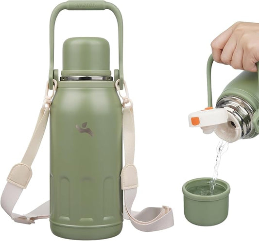 Konokyo Insulated Water Bottle with Handle and Strap,Vacuum Travel Tumbler with Cup Lid,Thermo Coffee Cup for Hot Cold Drinks 40 OZ,Army Green