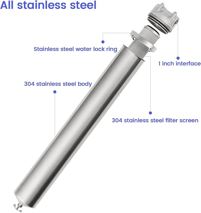Amwater NSF/ANSI 42 Stainless Steel Whole House Water Filter Housing, 20" x 2.5" Sediment Water Filter System for Heavy Duty, Well & City Water, 3/4" NPT Port, Drain Valve Style A(Wing)