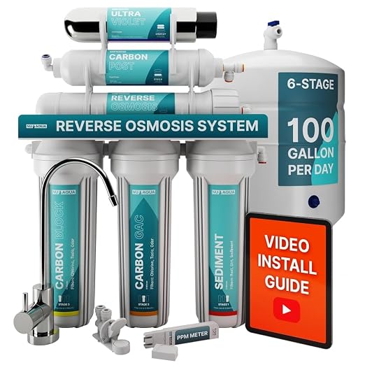 NU Aqua 6-Stage UV Under Sink Reverse Osmosis Water Filter System - 100 GPD RO Filtration & UV - Faucet & Tank - PPM Meter - 100GPD Undersink - Home Kitchen Pure Agua Drinking Water