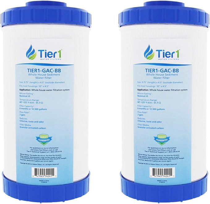 Tier1 20 Micron 10 x 4.5 Water Filter | Carbon Block - Upflow Granular Activated Whole House Cartridge | Replacement for Pentek GAC-BB, 155153-43 | 4.5 x 10 Water Filter (2-Pack)