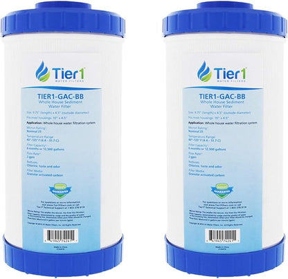 Tier1 20 Micron 10 x 4.5 Water Filter | Carbon Block - Upflow Granular Activated Whole House Cartridge | Replacement for Pentek GAC-BB, 155153-43 | 4.5 x 10 Water Filter (2-Pack)