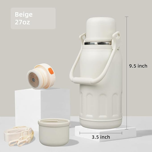 Konokyo Insulated Water Bottle with Handle and Strap,Vacuum Travel Tumbler with Cup Lid,Thermo Coffee Cup for Hot Cold Drinks 27 OZ,Beige