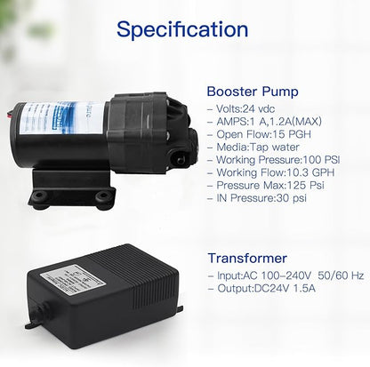 Geekpure Reverse Osmosis RO Booster Pump Kit 80-100 PSI | with Transformer + High and Low Pressure Switches + Fittings for 50-150 GPD RO System