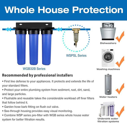 iSpring WSP-50SL Reusable Whole House Spin Down Sediment Water Filter with Siliphos, Multiple Micron Sizes w/Push-Fit Plumbing Fittings (WSP-50SL+ACPF12MPT12x2-FBAC)