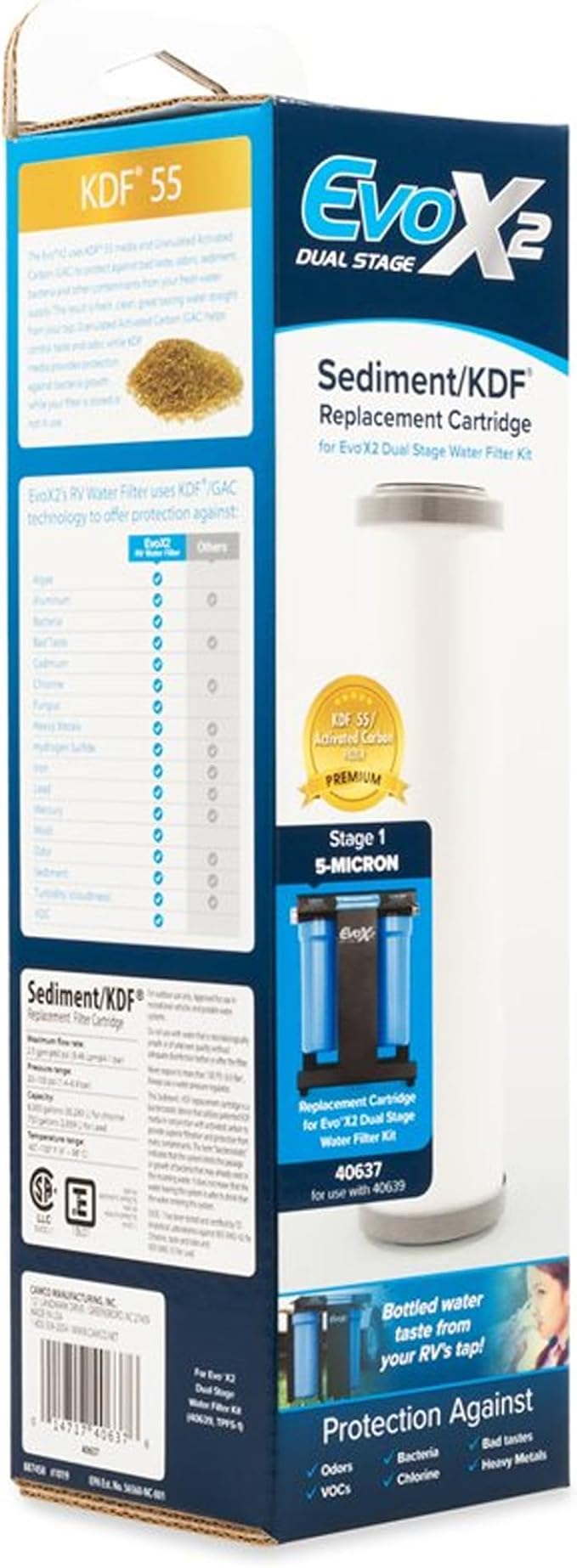 Camco EVO 5-Micron Water Filter Replacement Cartridge - Significantly Reduces Sediment, Taste, Odor and Chlorine - Prolongs Your Carbon Block Filter (40637)