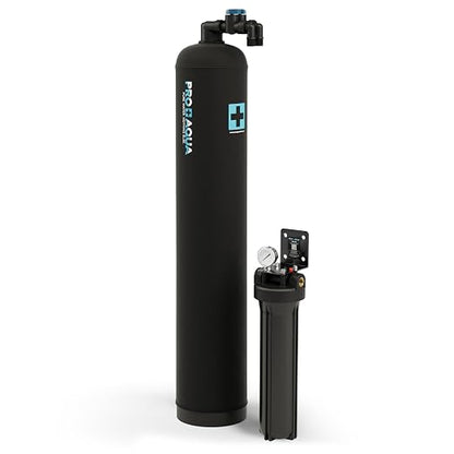 PRO+AQUA Whole House 15 GPM Salt-Free Water Softener Bundle with Single-Stage Carbon Infused Pre-Treatment Filter System | Removes Sediment, Chemicals, Chlorine, Contaminants, & Odor