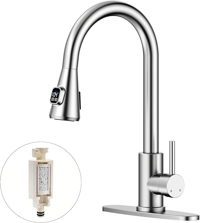 HOMELODY Upgraded Filter Water Kitchen Faucet with Pull Down Sprayer - LED Temperature Display Kitchen Faucets 1 Or 3 Hole Kitchen Sink Faucet for Remove Lead, Chlorine, Bad Taste & Odor