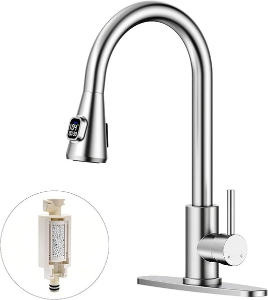 HOMELODY Upgraded Filter Water Kitchen Faucet with Pull Down Sprayer - LED Temperature Display Kitchen Faucets 1 Or 3 Hole Kitchen Sink Faucet for Remove Lead, Chlorine, Bad Taste & Odor