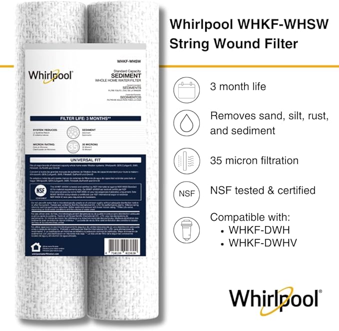 Whirlpool 10" x 2.5" Whole House Sediment Water Filters, WHKF-WHSW, 35 Micron, NSF Certified Reduces Sand, Soil, Silt & Rust for Standard Filter Housings, 24-Pack