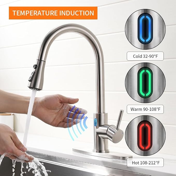 Touchless Kitchen Faucet with Pull Down Sprayer for Kitchen Sink, Single Handle Motion Sensor Faucet with LED Light and Dual-Function Spray, Hands-Free Brushed Nickel Stainless Steel