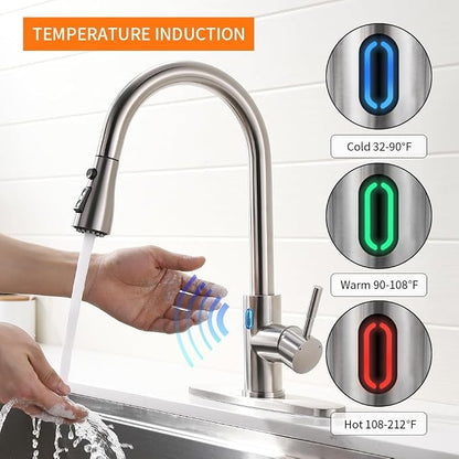 Touchless Kitchen Faucet with Pull Down Sprayer for Kitchen Sink, Single Handle Motion Sensor Faucet with LED Light and Dual-Function Spray, Hands-Free Brushed Nickel Stainless Steel