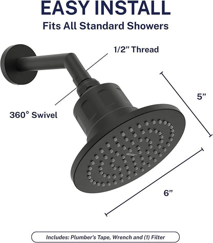 Gillian™ by HammerHead High Pressure Shower Head with Filter – Genuine KDF-55 Filtered Shower Head for Hard Water, Healthier Skin & Hair – Metal 6-Inch Rainfall Showerhead with Filters, Matte Black