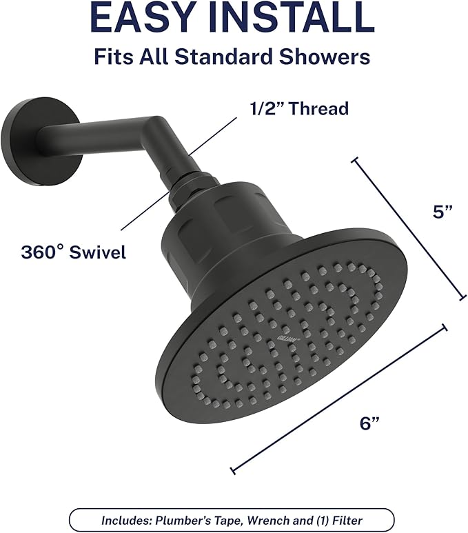 Gillian™ by HammerHead High Pressure Shower Head with Filter – Genuine KDF-55 Filtered Shower Head for Hard Water, Healthier Skin & Hair – Metal 6-Inch Rainfall Showerhead with Filters, Matte Black