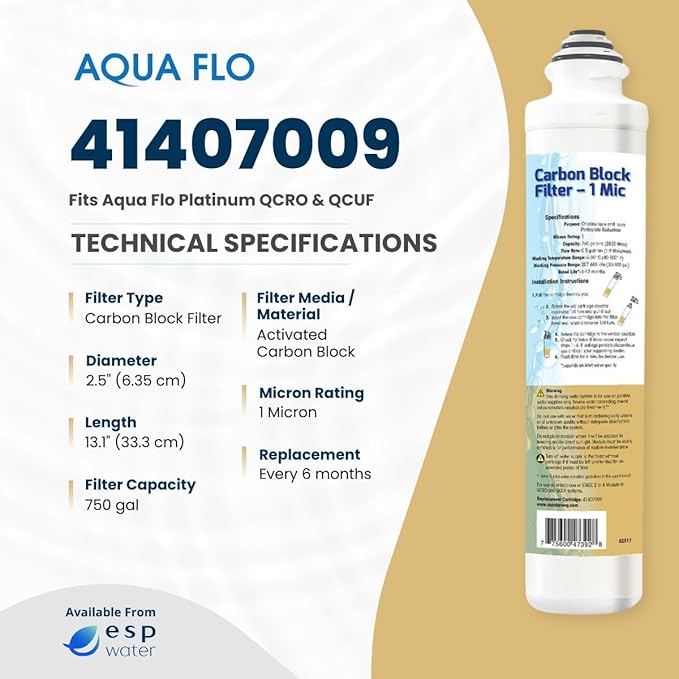 Aqua Flo Carbon Block Filter 1 Micron 41407009 – Quick-Change Replacement for Aqua Flo Platinum QCRO & QCUF 4-Stage Systems – Reduces Chlorine, Taste, Odor – Polishing or Pre-Filter Cartridge