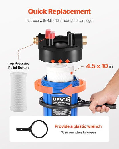 VEVOR RV Water Filter, 4.5 x 10 in Water Filter System with Replaceable Cartridge for RV, Remove Sediments, Chlorine, Bad Tastes, Odors, and Most Contaminants, RV Filter for Campers, Boats