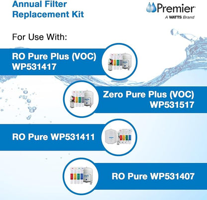 Watts Premier Annual RO Pure Plus 5-Pack Filtration Kit for 4 Stage Pure Plus/Zero Pure Plus Reverse Osmosis System, Push Button Water Filter Replacement, 2 Sediment Filters, 2 Carbon Pre-Filters, VOC