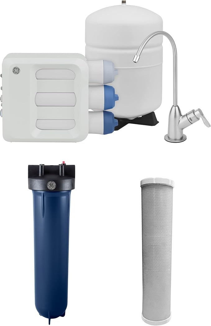 Bundle of GE Appliances Reverse Osmosis Under Sink Drinking Water System and GE Appliances Heavy Duty Whole House Water Filtration System with Advanced Filter