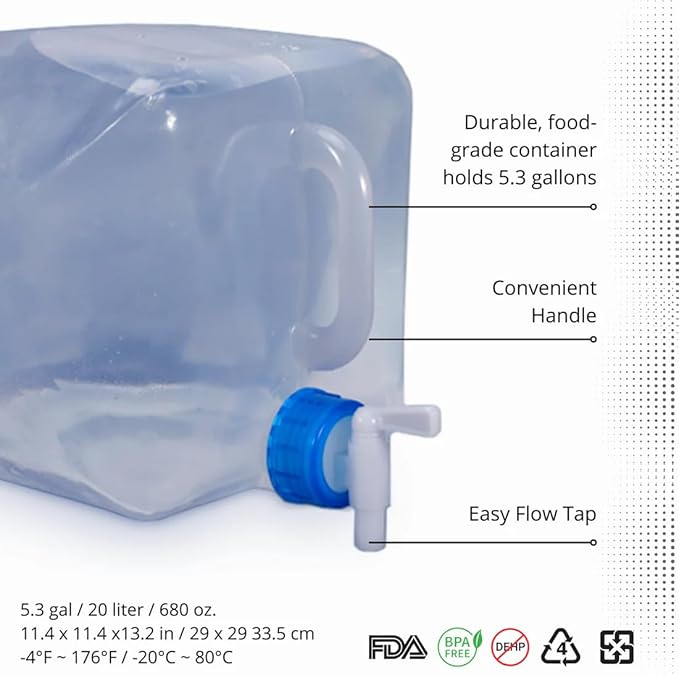 EvaClean Collapsible Water Containers with Spigot 5.3 Gal - Portable, Reusable - BPA Free, Foldable, Leak-Proof Camping Water Jug for Outdoors, Hiking, Survival Kit, and Emergency Preparedness 4-Pack