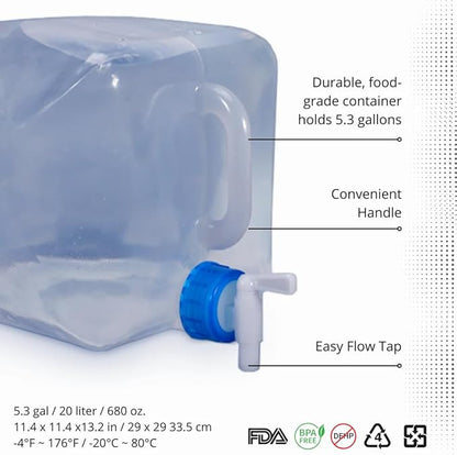EvaClean Collapsible Water Containers with Spigot 5.3 Gal - Portable, Reusable - BPA Free, Foldable, Leak-Proof Camping Water Jug for Outdoors, Hiking, Survival Kit, and Emergency Preparedness 4-Pack