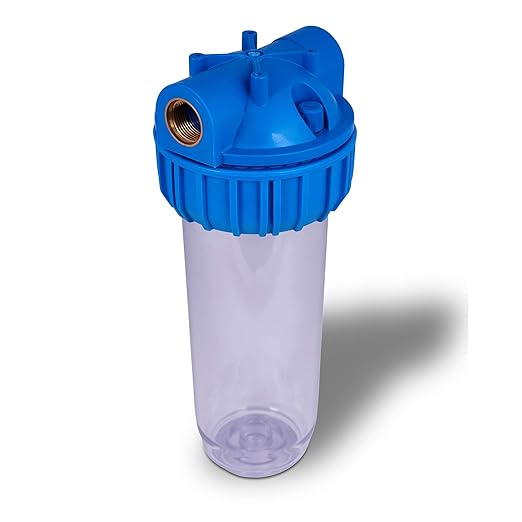 10" Clear Standard Transparent Whole House Water Filter System with Presser Relief Button, 3/4” Inlet/Outlet Brass Port & 5 Micron Pleated Sediment Water Cartridge, Meets NSF Standards & Regulations