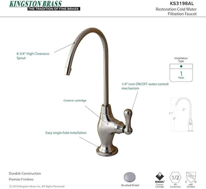 Kingston Brass Gourmetier KS3198AL Restoration Single Handle Water Filtration Faucet, Brushed Nickel, 10.81 x 4.63 x 1.75