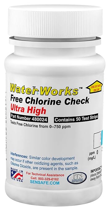 Industrial Test Systems WaterWorks 480024 Free Chlorine Test Strip, Ultra High Range, 31 Seconds Test Time, 0-750ppm Range (Bottle of 50)