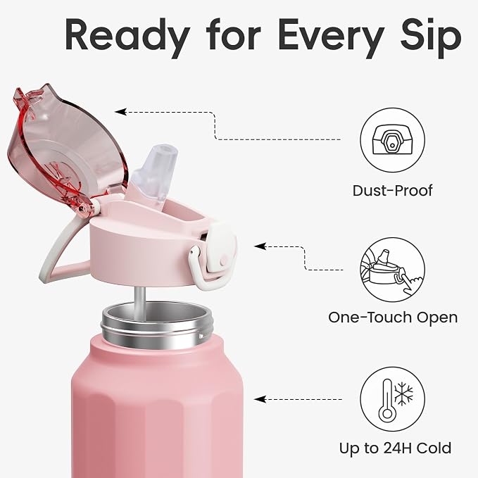 Konokyo FLOWPLAY 32oz Locking Push-Button Water Bottle with Silicone Spout,Leak-Proof,18/8 Stainless Steel Double-Wall Vacuum Insulated for Sports and Travel,BPA-Free,Pink